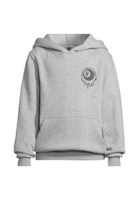 Grå hoodies med ficka fram, som har en broderad svart och vit biljardboll med droppande accenter. Tillverkad av bomull.