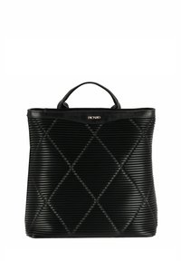 Borsa a tracolla nera trapuntata con una texture rigata, caratterizzata da un design strutturato e una maniglia superiore. Include un logo del marchio dorato.