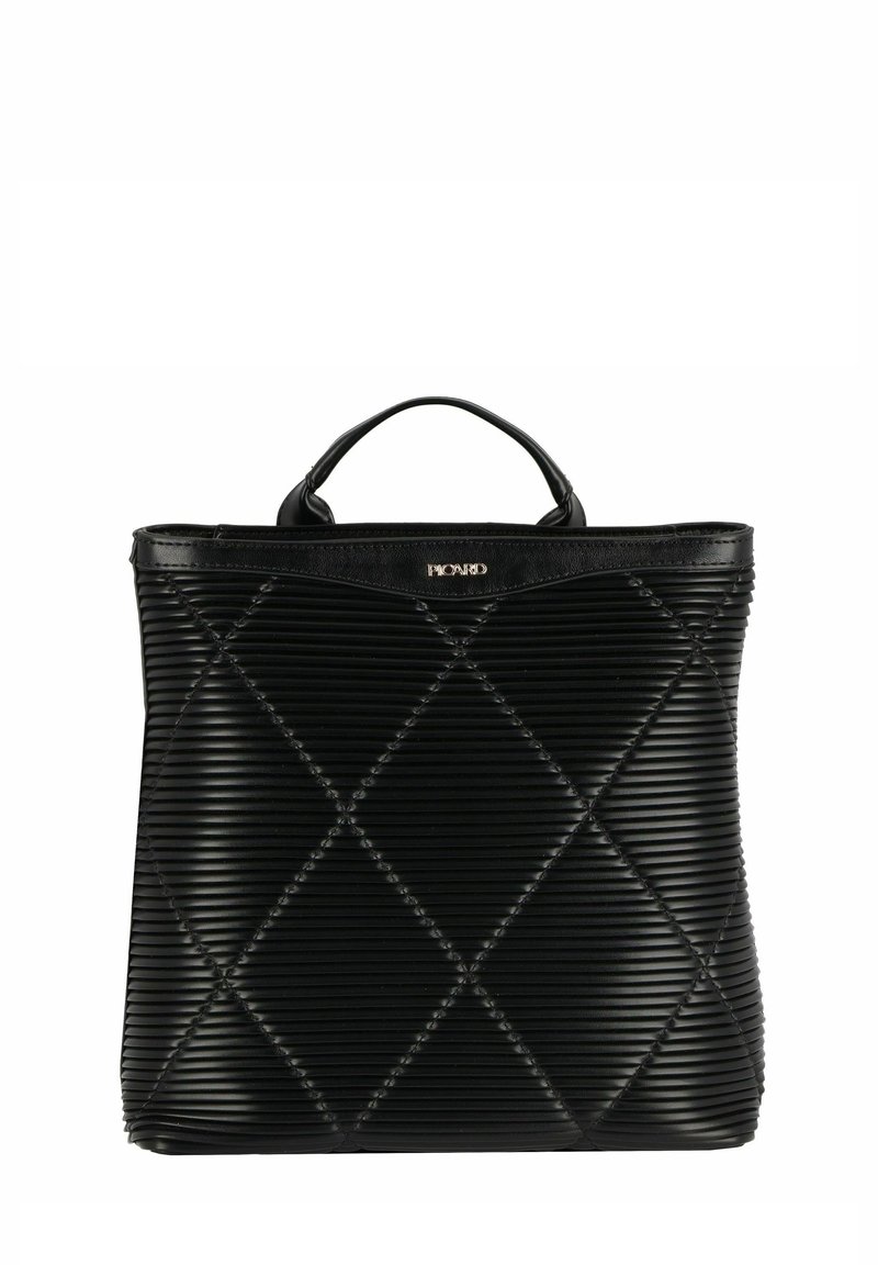 Borsa a tracolla nera trapuntata con una texture rigata, caratterizzata da un design strutturato e una maniglia superiore. Include un logo del marchio dorato.