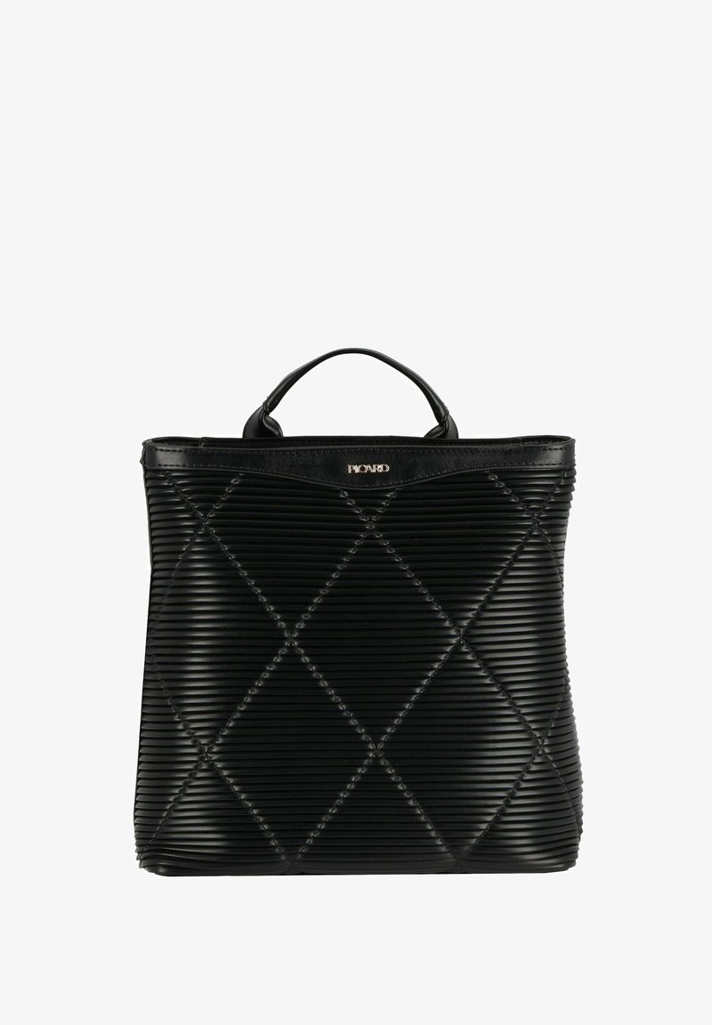 Borsa a tracolla nera trapuntata con una texture rigata, caratterizzata da un design strutturato e una maniglia superiore. Include un logo del marchio dorato.