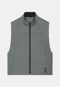 Gilet sans manches gris avec fermeture éclair à l'avant, col montant et petit logo noir en bas à gauche.