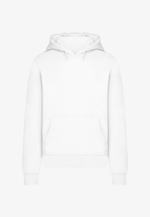 Weißer Baumwoll-Hoodie mit einer vorderen Kängurutasche, Kordelzugkapuze, gerippten Bündchen und Saum. Glatte Textur mit einem einfachen, klassischen Design.