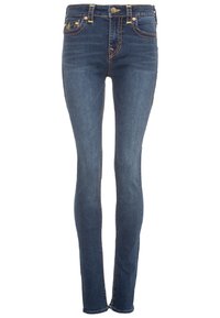 Smala jeans i mörkblå denim med gula sömdetaljer, femficksdesign och en metallknappstängning i midjan.