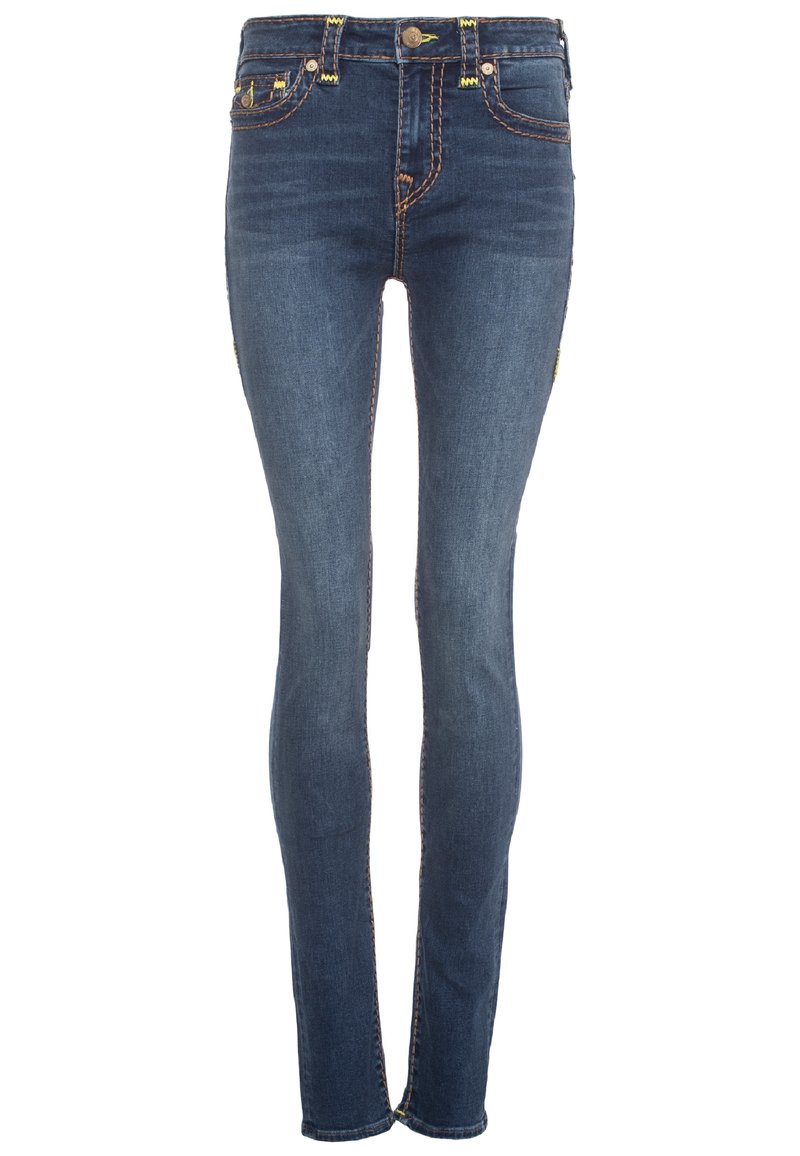 Smala jeans i mörkblå denim med gula sömdetaljer, femficksdesign och en metallknappstängning i midjan.