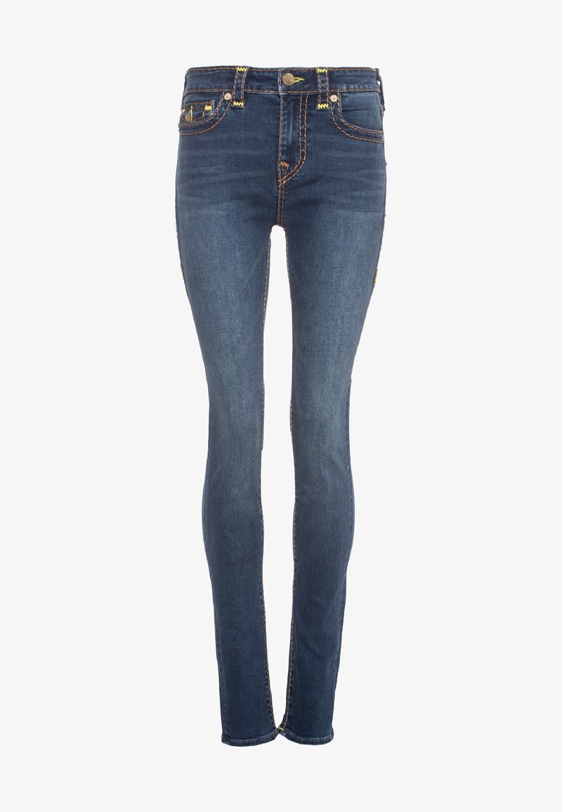 Smala jeans i mörkblå denim med gula sömdetaljer, femficksdesign och en metallknappstängning i midjan.