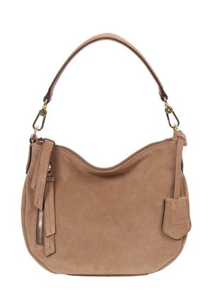 Hobo-Tasche aus helltaupefarbenem Wildleder mit geschwungener Form, goldenen Hardware-Elementen, einer Reißverschlusstasche und einem abnehmbaren Trageriemen für Vielseitigkeit.
