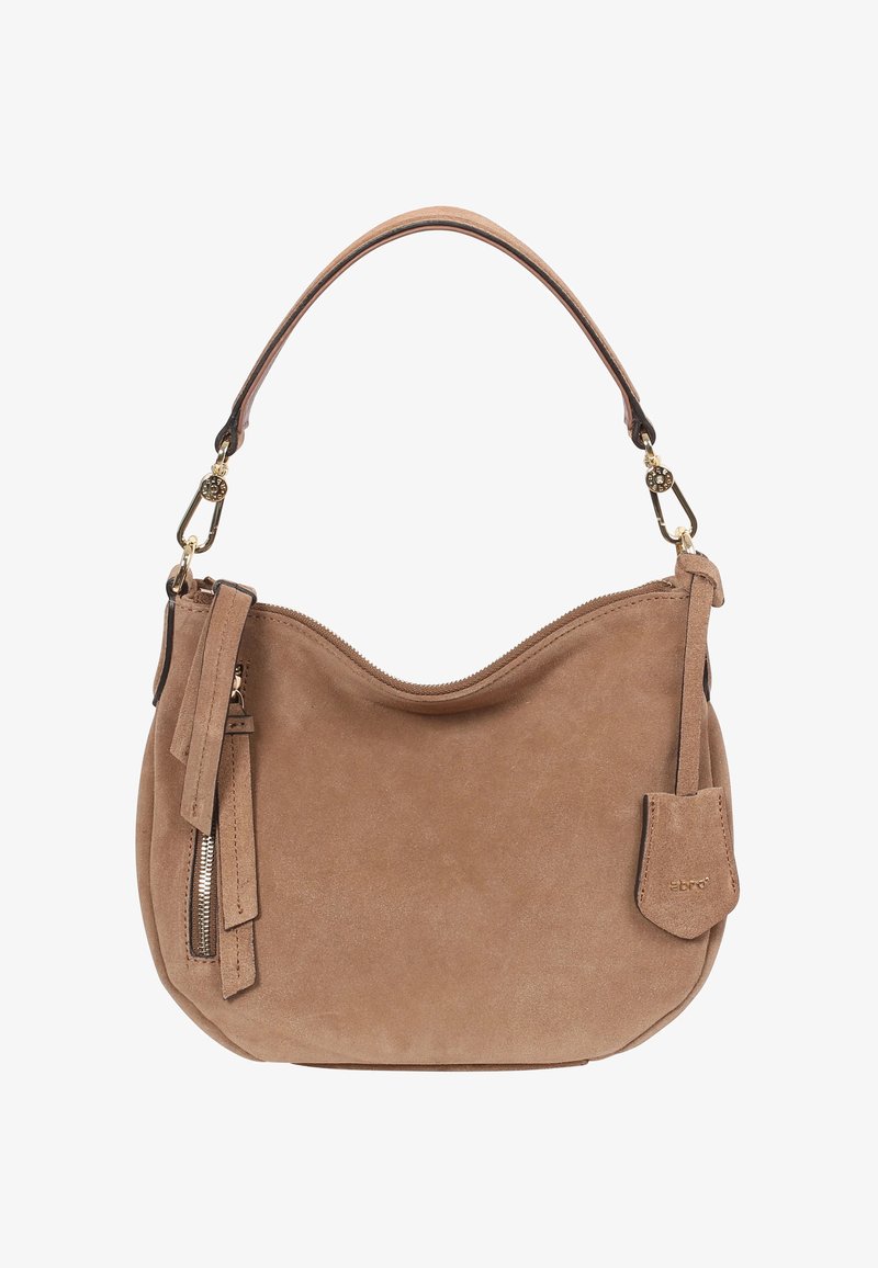 Hobo bag in light taupe suede with a curved shape, gold hardware accents, a zip pocket, and a detachable strap for versatility.