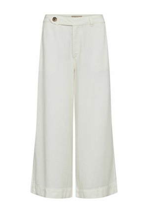 Wide-leg, off-white cropped pants with a button closure and belt loops, displayed against a plain white background.