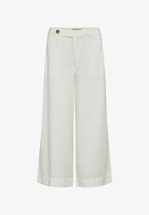 Wide-leg, off-white cropped pants with a button closure and belt loops, displayed against a plain white background.