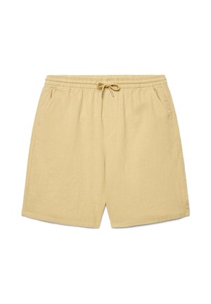 Pantaloncini casual beige da uomo con vita elastica e coulisse regolabile, dotati di tasche laterali e taglio al ginocchio.
