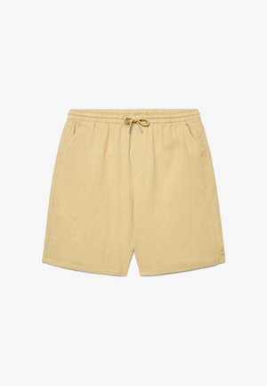 Pantaloncini casual beige da uomo con vita elastica e coulisse regolabile, dotati di tasche laterali e taglio al ginocchio.