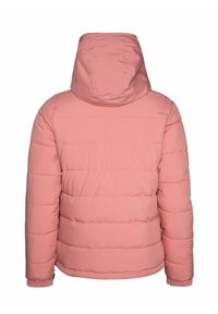 Veste matelassée rose avec capuche, poignets élastiques et coutures horizontales, vue de dos.
