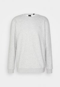 Harmaa collegepaita, valmistettu pehmeästä kankaasta, jossa on pyöreä kaula-aukko ja pitkät hihat, sekä pieni logoyksityiskohta rinnassa.