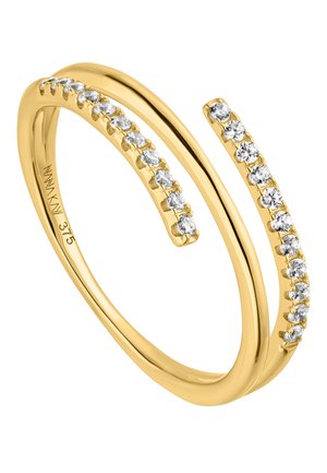 Gold ring with two interlocking bands; one features a row of small clear gemstones. Smooth surface with a polished finish.