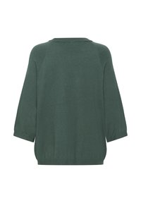 Green pullover sweater with three-quarter raglan sleeves, textured knit fabric, and a round neckline. Back view shows a relaxed fit.