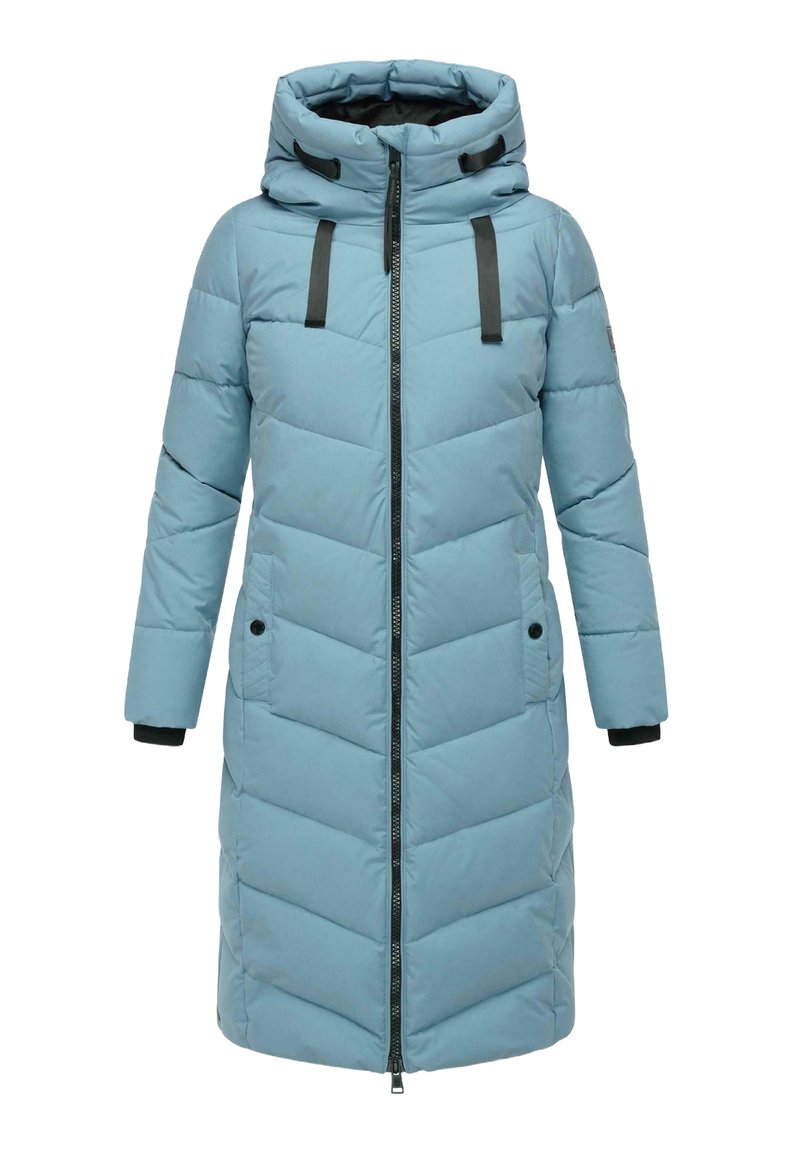 Abrigo acolchado de color azul claro con un patrón de chevron, cremallera frontal, capucha ajustable y detalles en negro en los hombros y los puños. Dos bolsillos laterales.