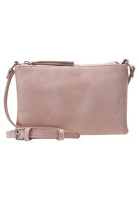 Růžová kožená kabelka přes rameno s obdélníkovým tvarem, hladkým povrchem, zapínáním na zip a nastavitelným popruhem. Obsahuje minimální kovové detaily.