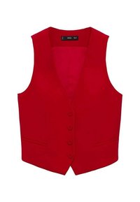 Rote Weste mit Reverskragen, fünf Frontknöpfen und zwei Seitentaschen. Glatter Stoff in einfarbigem Design, maßgeschneidert.