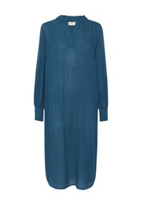 Trotzblaues, langärmliges Kleid mit einem gerafften Ausschnitt, lockerer Passform und gerafften Ärmeln. Weicher Stoff mit einem subtilen Glanz, knielang.