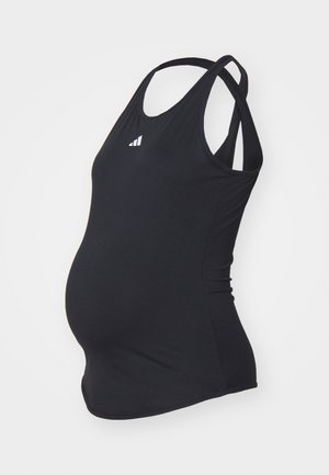 Czarny top ciążowy z paskami typu racerback i małym białym logo na piersi, pokazany na białym tle.