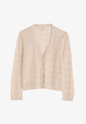 Beige strikket cardigan med V-hals, prydet med et tekstureret mønster, knaplukning foran og lange ærmer. Blødt, let stof.