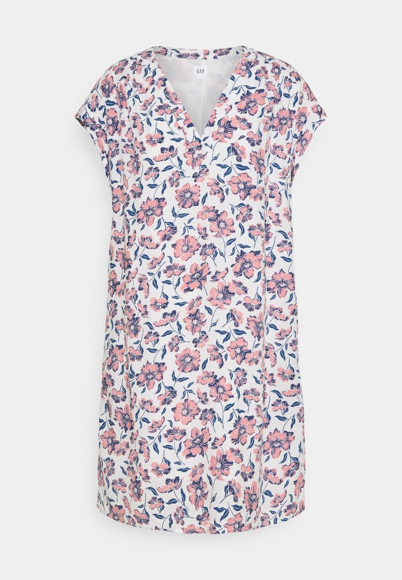 Blumenmusterkleid mit V-Ausschnitt, kurzen Ärmeln, mit weißem Hintergrund und pinken sowie marineblauen Blumen. Leichter Stoff, lockere Passform.