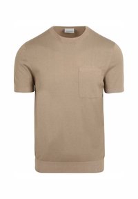 Beige gebreid sweater met korte mouwen, een ronde hals en een borstzak. Geribbelde zoom en manchetten. Gladde textuur, casual ontwerp.