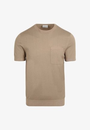 Beige short-sleeve knit sweater with a round neckline and a chest pocket. Ribbed hem and cuffs. Smooth texture, casual design.