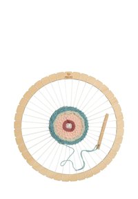 Round weaving loom made of wood, featuring a colorful central design with pink, blue, and cream yarn. Includes a hook and thread.
