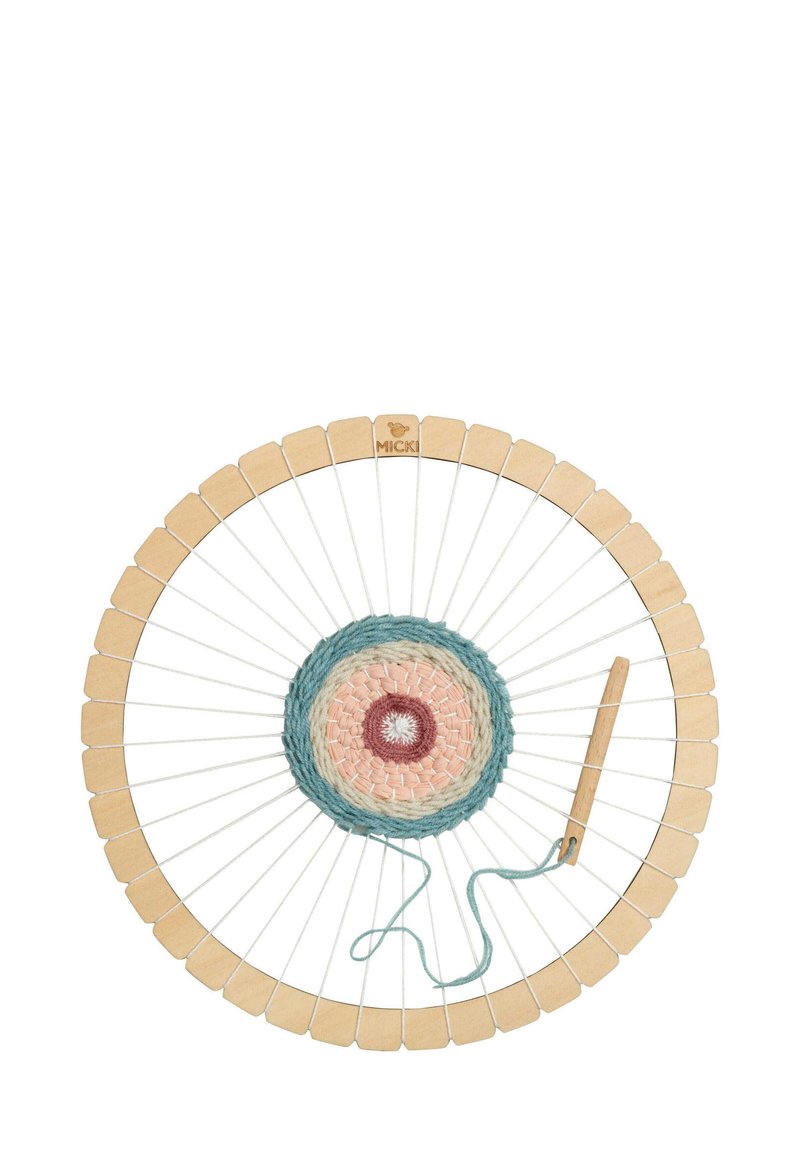 Round weaving loom made of wood, featuring a colorful central design with pink, blue, and cream yarn. Includes a hook and thread.