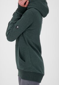 Sudadera con capucha verde oscura hecha de tela suave, con bolsillo frontal, puños acanalados y capucha con cordón. Logo sutil en la manga.