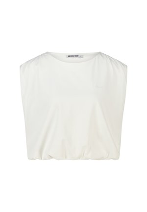 White sleeveless cropped top with round neckline and elastic hem, labeled "America Today."