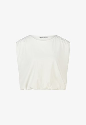 White sleeveless cropped top with round neckline and elastic hem, labeled "America Today."