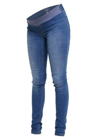 Jeans skinny de denim azul com um alto cós elástico, apresentando uma textura suave e um design ajustado.
