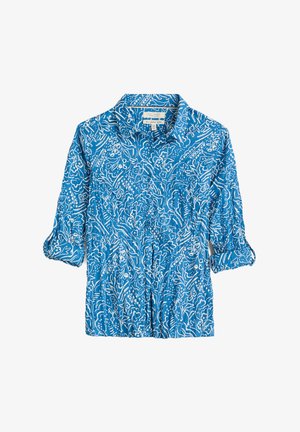 Mėlyna bluzonė su baltais gėlėtų raštu, turinti apykaklę ir trijų ketvirčių rankovėmis. Lengvas audinys, surinkimo detalė ties liemeniu.