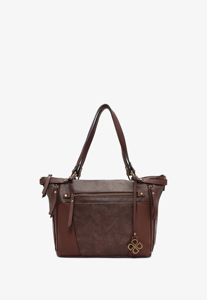 Sac à main en cuir marron avec une finition texturée, des accents en marron foncé contrastants, et du matériel en ton doré ; comprend des double anses et des poches zippées.