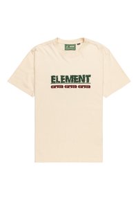 Cremfarvet bomulds t-shirt med rund hals. Har fed tekst "ELEMENT" i grøn og "OVER OVER OVER" i rød, med et struktureret design.