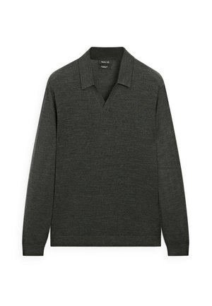 Mørkegrå langærmet polo-shirt med V-udskæring, lavet af letvægtsstof, med en ensartet tekstur og minimalistisk design.