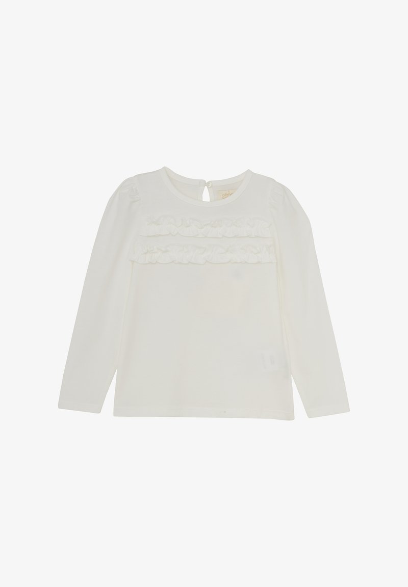 Wit lange mouwen top gemaakt van zachte stof, met gerimpelde horizontale accenten en een sleutelgat sluiting aan de achterkant.