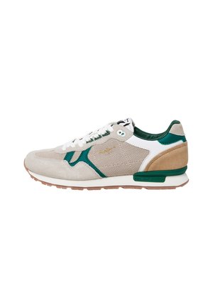 Sneakers con una toma in suede beige e mesh, accenti verdi, lacci bianchi e suola in gomma marrone. Design atletico classico e texture.