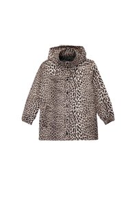 Luipaardprint hooded jacket met een voor sluiting met drukknopen en lange mouwen. Bevat zakken en een zachte, gestructureerde stof in bruin- en crèmekleuren.