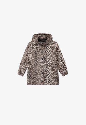 Kurtka z kapturem w panterkę z zapięciem na zatrzaski z przodu i długimi rękawami. Posiada kieszenie oraz miękką, teksturowaną tkaninę w brązowych i kremowych odcieniach.