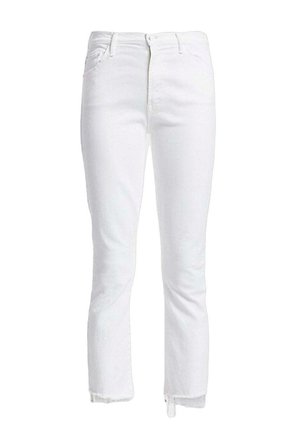 Jeans en coton blanc avec une coupe slim, taille mi-haute et un léger ourlet effiloché aux chevilles. Design classique à cinq poches.