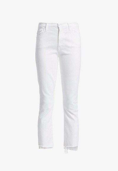 Λευκά τζιν προσφοράς με στενή γραμμή, μέτριο ύψος στη μέση και ελαφρώς φθαρμένα τελειώματα στους αστραγάλους. Κλασικός σχεδιασμός με πέντε τσέπες.