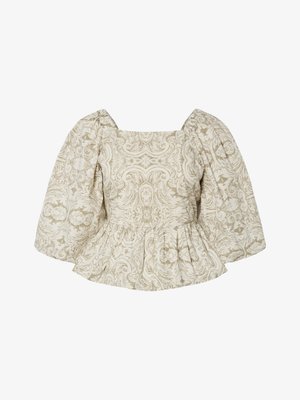 Peplum topp i kremfarge med intrikate beige blomster mønster. Har puffede ermer og firkantet utringning, laget av et teksturert materiale.
