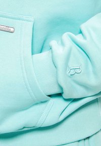 Hellblaues Sweatshirt mit geripptem Bündchen und kleinem gesticktem Logo. Weicher, strukturiertes Gewebe mit einer Fronttasche.