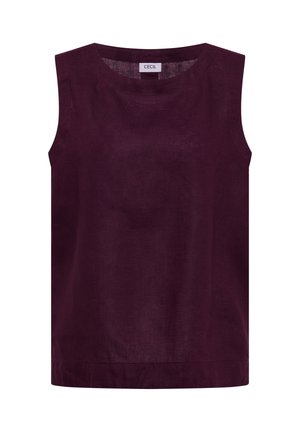 Haut sans manches en lin violet foncé avec encolure ronde et ourlet droit, avec une petite étiquette intérieure indiquant la marque « CECIL ».
