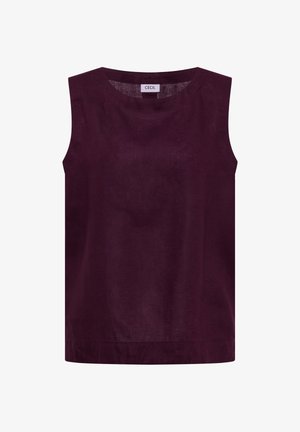 Hihaton, tummanvioletti pellavainen toppi pyöreällä pääntiellä ja suoralla helmalla, jossa pieni sisäinen merkki tuotemerkillä "CECIL".