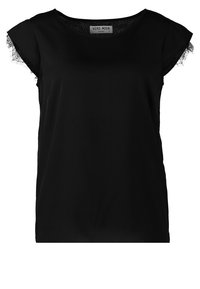 Haut noir à manches courtes avec un col rond et des détails en dentelle aux manches, confectionné dans un tissu lisse avec une coupe décontractée.