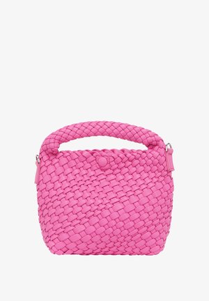 Woven pink handbag with a rounded handle, featuring a button closure and textured surface, compact shape, and an accent loop on the side.